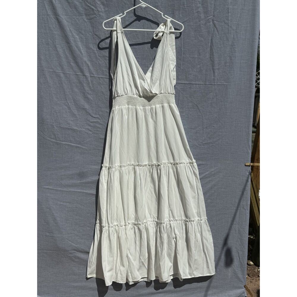 PRETTY GARDEN White Tiered Ruffle Midi Dress Tie Shoulder Smocked Waist M
